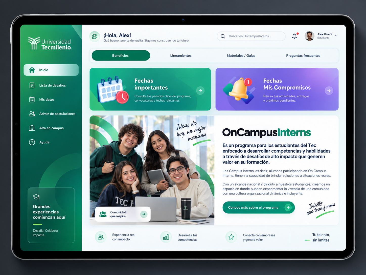 GROW app welcome screen adapted for Universidad Tecmilenio