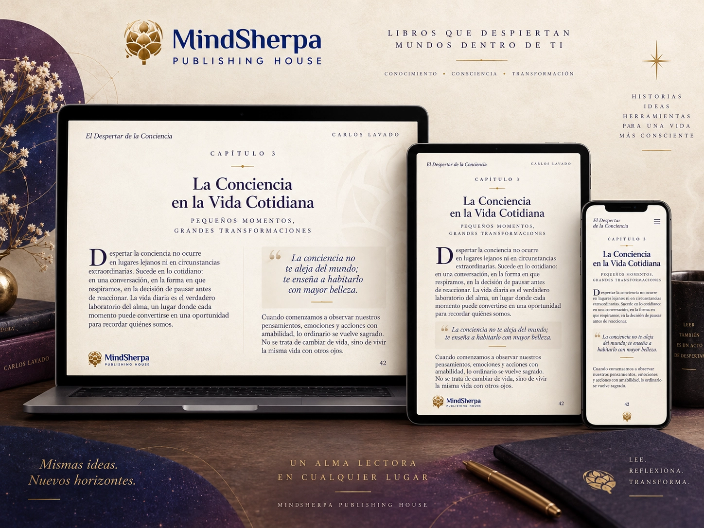 Mind Sherpa chapter shown across desktop, tablet and mobile reading widths