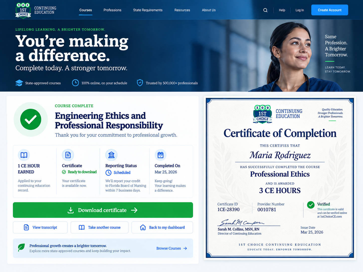 Course completion screen and large certificate of completion