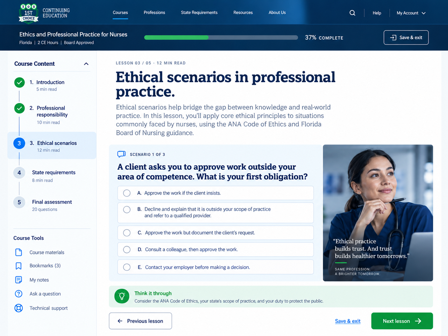 1st Choice CE course player with lesson progress and ethical scenario
