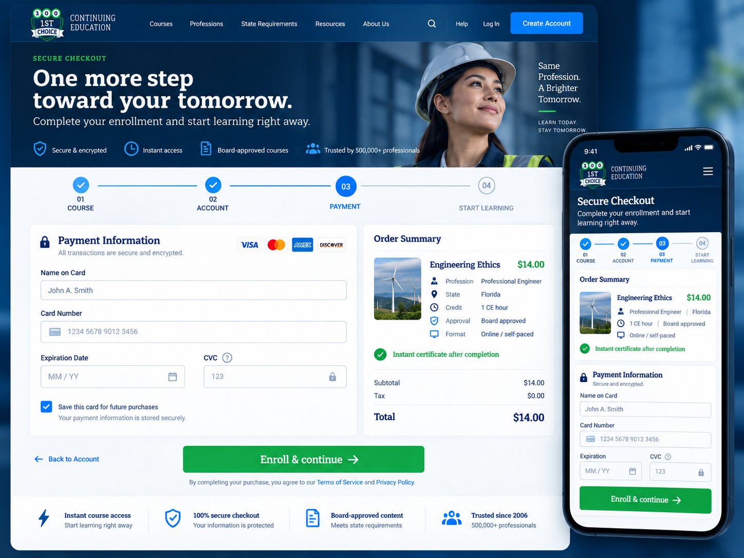 1st Choice CE checkout on desktop and mobile