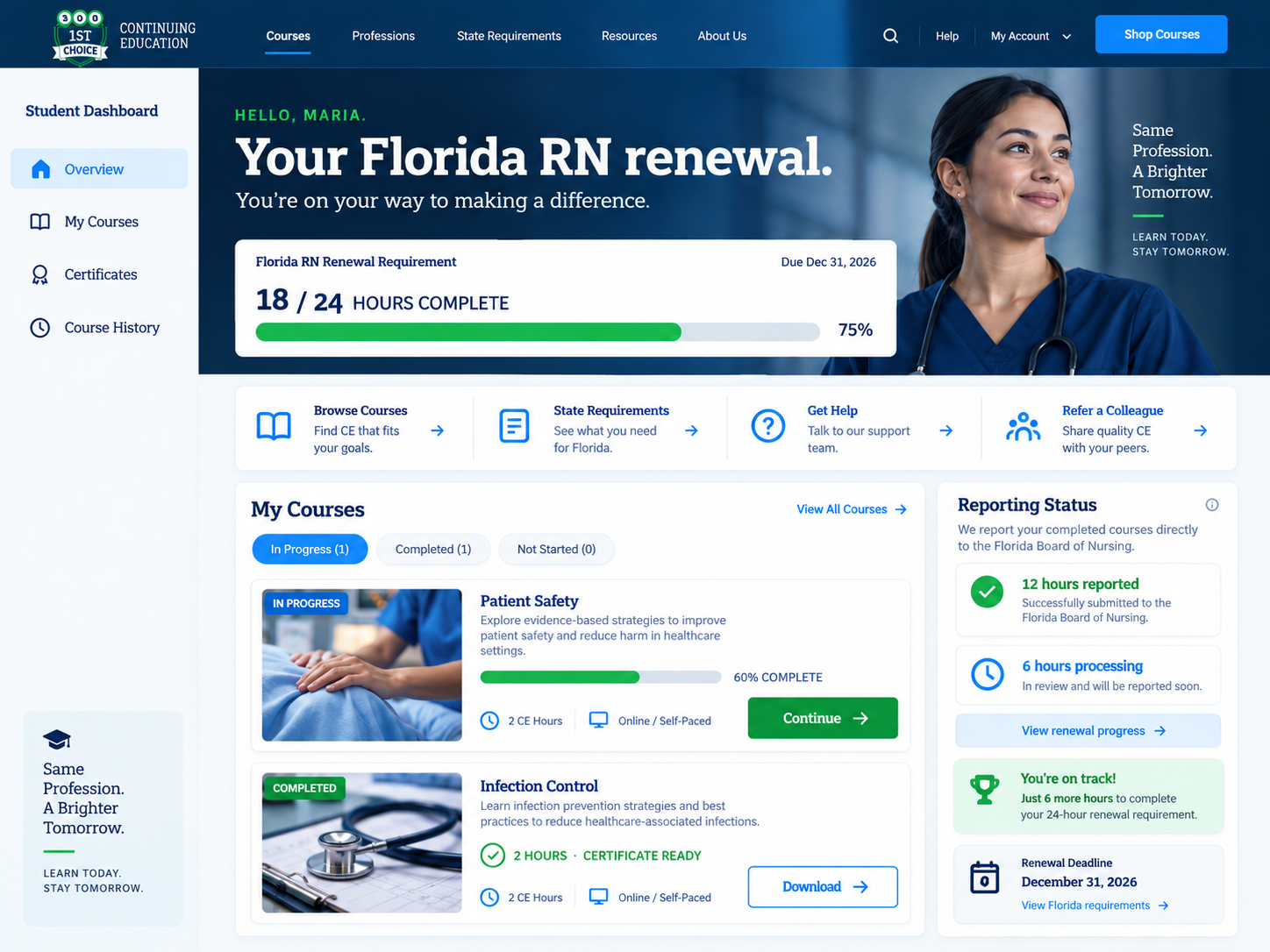 Student dashboard with Florida RN renewal progress