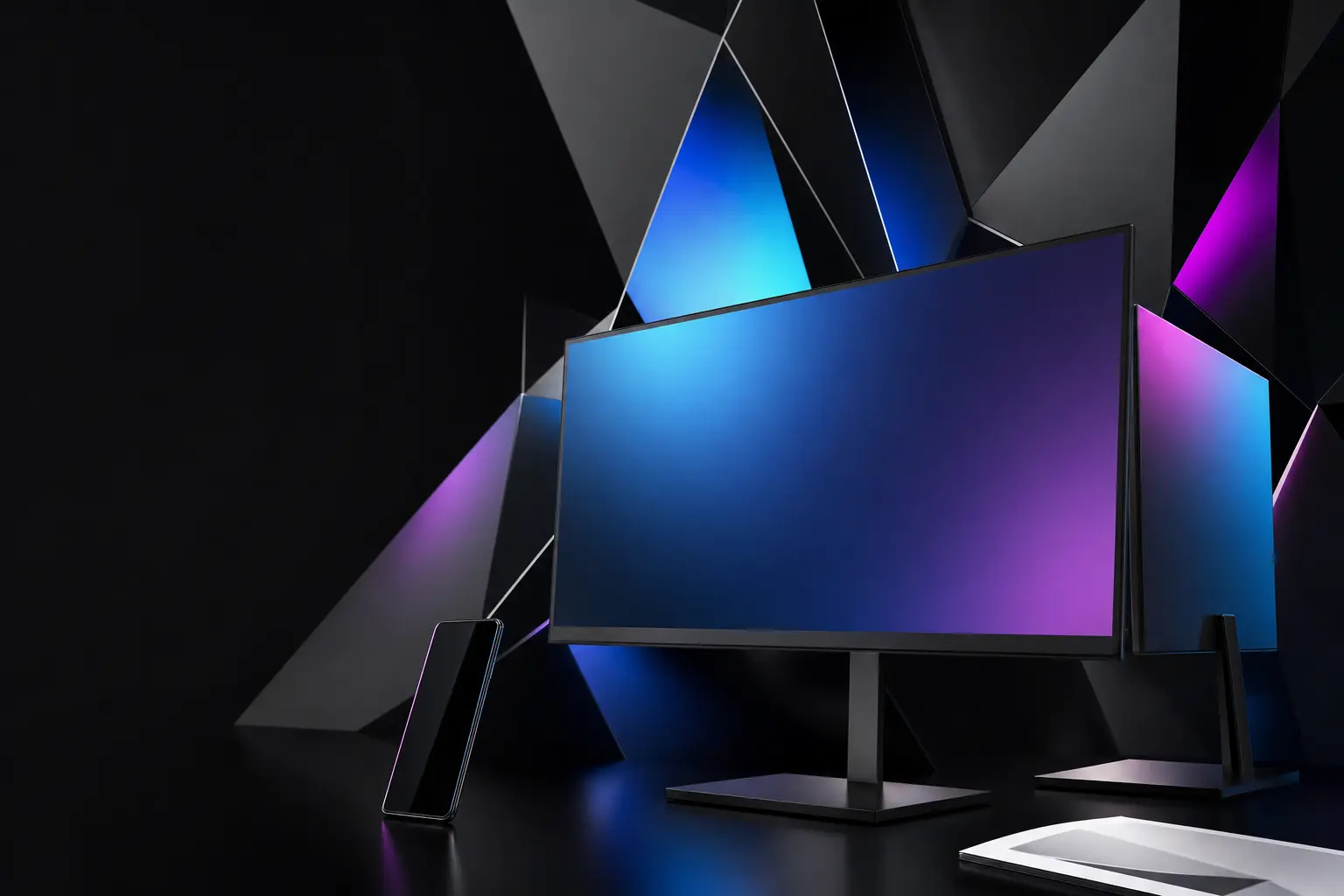 Dark faceted OK Hosting device scene prepared for the final homepage composition