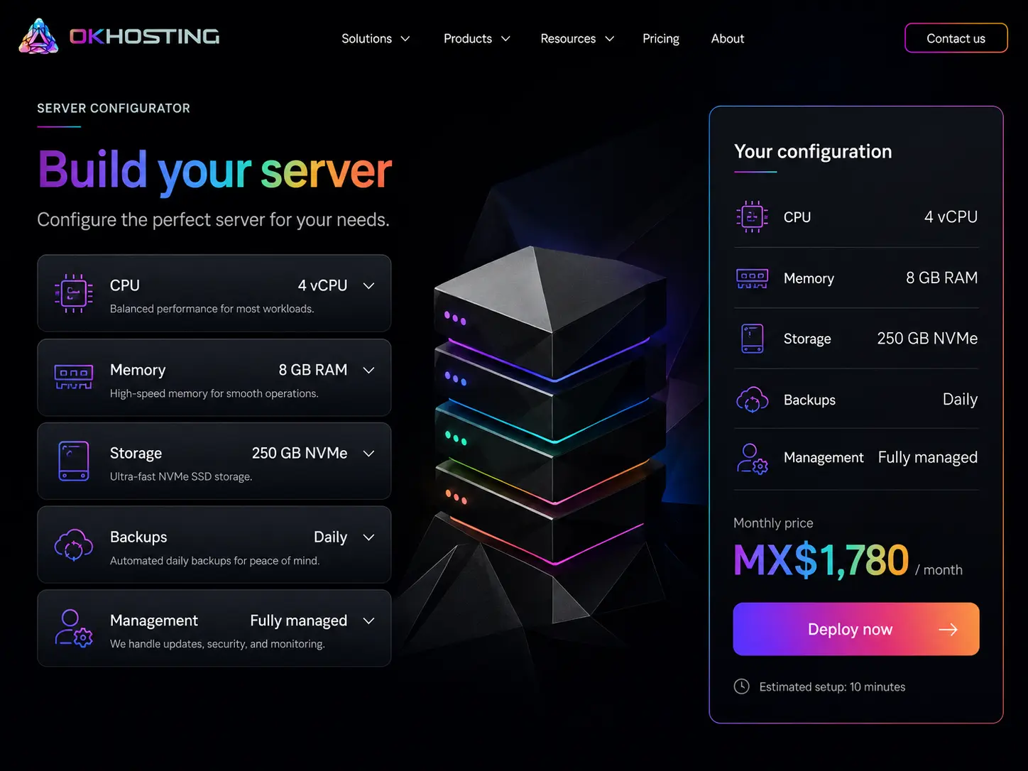 OK Hosting server configurator with CPU, memory, storage, backups and monthly price