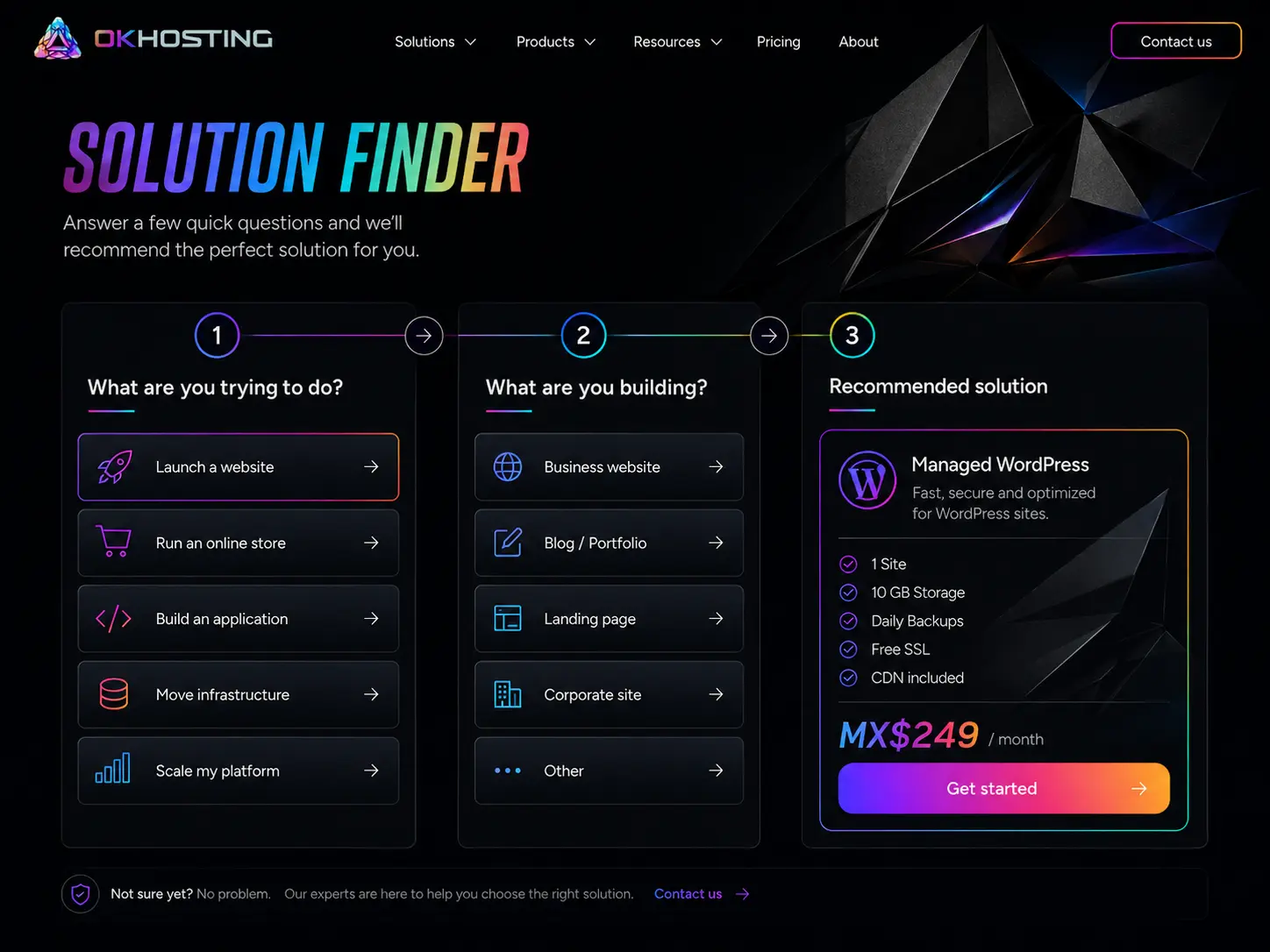 OK Hosting solution finder showing intent, project type and recommended infrastructure